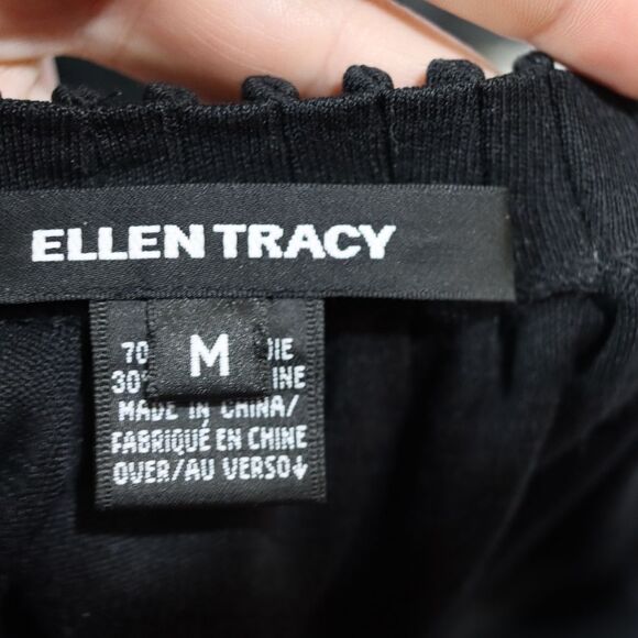 Ellen Tracy Black Pleated Neckline Midi Dress Medium Wool & Silk - Picture 11 of 11